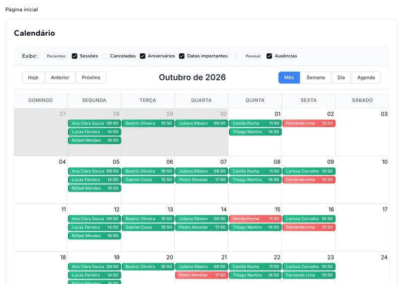 Calendário mensal com as sessões de cada paciente, em verde, e sessões canceladas, em vermelho.