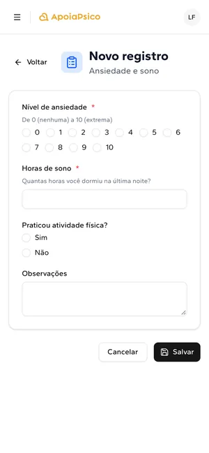 Formulário do diário de ansiedade e sono no celular do paciente.